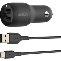Black Belkin Boost Charge car charger with dual USB ports and matching USB-C cable.