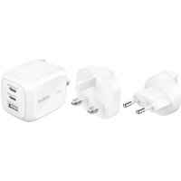 White Belkin BoostCharge Pro AC fast charger with three USB ports and interchangeable plug adapters.