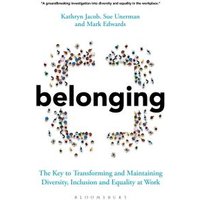 "Book titled 'Belonging' with diverse crowd forming a square, authors Kathryn Jacob, Sue Unerman, and Mark Edwards."