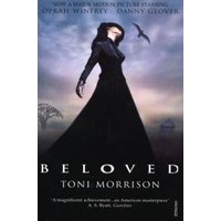 Book cover of "Beloved" by Toni Morrison featuring a dark silhouette of a woman against a cloudy sky with birds.