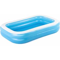 Blue and white inflatable rectangular family pool with three air chambers and sturdy vinyl construction.