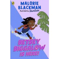 Children's book "Betsey Biggalow Is Here!" with illustrated girl skating, palm tree, and vibrant purple title text.