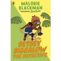 Children's book "Betsey Biggalow the Detective" with illustrated girl and dog on yellow cover, palm leaves in background.