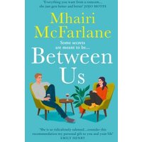 Teal book cover of "Between Us" by Mhairi McFarlane, featuring two people sitting on a green sofa.