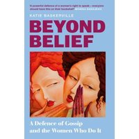"Blue book cover titled 'Beyond Belief' with illustration of two women whispering, by Katie Baskerville."