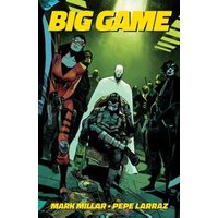 Comic book "Big Game" cover with masked characters in dark attire, central figure seated, bold yellow title at top.