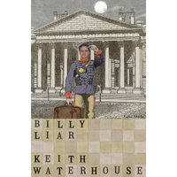 "Billy Liar book cover featuring a man in a suit with a suitcase, standing in front of a classical building."