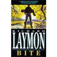 "Book cover of 'Bite' by Richard Laymon, featuring a man with an axe on a road surrounded by yellow trees."
