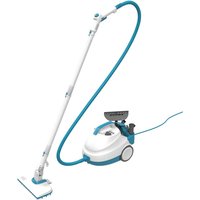 White and blue Black and Decker steam cleaner with long handle, hose, and wheeled base unit.
