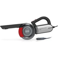 Grey and red Black & Decker handheld vacuum with transparent dust bowl and pivoting nozzle.