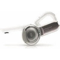 Black & Decker handheld vacuum in chrome and titanium, bagless design with ergonomic handle and pivoting nozzle.