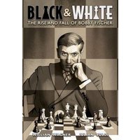 "Black & White book cover featuring a man in a suit pondering over a chessboard on a checkered background"