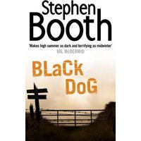 "Black Dog book cover with dark landscape, wooden signpost, and bold orange title text."