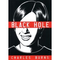 "Black Hole graphic novel by Charles Burns, cover features monochrome face with red bar over eyes and title text"
