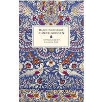 "Black Narcissus book with ornate blue floral cover featuring white birds and intricate patterns"