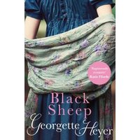 "Black Sheep book by Georgette Heyer, cover with woman in blue dress holding floral shawl, pink circle sticker."