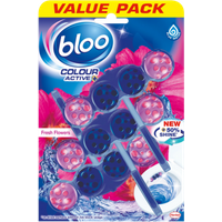 Bloo Colour Active Fresh Flowers WC freshener 3-pack, pink and purple blocks with floral design on blister packaging.