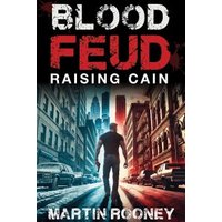 "Blood Feud book cover featuring a man walking down a city street, with bold red and white title text above."