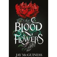 "Blood Flowers book cover with red rose, cityscape, and ornate white lettering on a dark background"