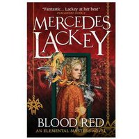 "Blood Red" book by Mercedes Lackey, featuring a woman in medieval attire with a dragon and ornate red background.