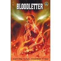 "Bloodletter" comic book cover featuring a woman with glowing tattoos surrounded by fiery orange and red flames.