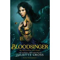 "Bloodsinger" book by Pan Macmillan, features a woman with dark hair, golden armor, and a mystical blue-green background.
