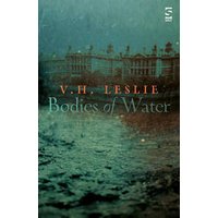 "Dark green book cover 'Bodies of Water' by V.H. Leslie, featuring a stormy sea and distant buildings."