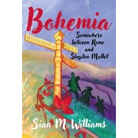 "Bohemia book cover with colorful landscape, red title, and silhouettes of people near a signpost."