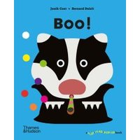 Children's book "Boo!" with a cartoon badger on a blue cover, colorful dots, and a party blower in its mouth.