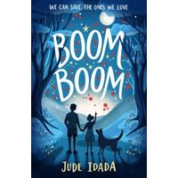 "Boom Boom" book cover with silhouettes of a boy, girl, and dog under a starry night sky surrounded by trees.