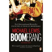 "Book titled 'Boomerang' by Michael Lewis, features a chaotic scene with people and wine bottles on the cover."