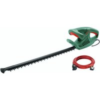 Green Bosch EasyHedgeCut 55-16 hedgecutter with long black blade and red power cord.