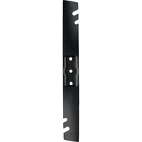 Black Bosch lawnmower blade, 430mm long, with two central mounting holes and notched edges for Rotak 18V2-43 models.