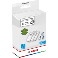 Bosch lawnmower blades for VISIMOW 100/200, silver with mounting holes, includes screws, in branded packaging.