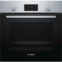 Brushed steel Bosch electric single oven with black glass door, control knobs, and digital display.