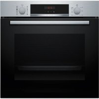 Black Bosch built-in oven with stainless steel handle, digital display, and two control knobs on the top panel.