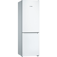 White Bosch fridge freezer, 60/40 split, sleek design, top fridge section, bottom freezer, frost-free technology.