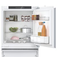 Bosch 60cm built-under larder fridge, white interior, open door, shelves with jars, bottles, and a salad bowl.