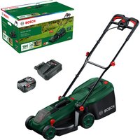 Green Bosch cordless lawnmower with black wheels, red accents, and adjustable handle, includes battery and charger.