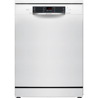 White Bosch Series 2 freestanding dishwasher with black control panel and digital display.