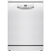 White Bosch Series 2 dishwasher with digital display, control panel on top, and sleek handle design.