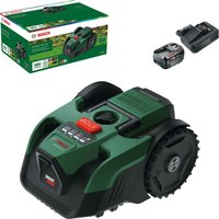 Green Bosch cordless robotic lawnmower with black wheels, control panel, and camera, includes battery and charger.