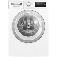 White Bosch washing machine with round silver door, digital display, and control knob on the front panel.