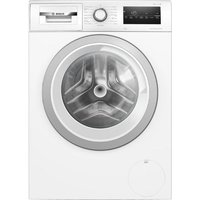 White Bosch washing machine with silver door trim, digital display, and control knob, 9kg capacity, 1400rpm speed.