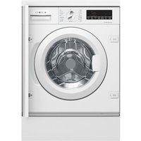 White Bosch integrated washing machine with digital display and chrome-accented door.