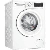 White Bosch washer dryer with digital display, control dial, and round front-loading door.