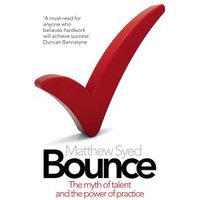 Red checkmark on white cover of "Bounce" book by Matthew Syed, subtitle in red text below the title.