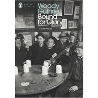 Paperback book "Bound for Glory" by Woody Guthrie, black and white cover with musicians in a rustic setting.