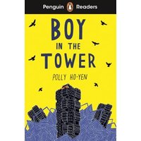 "Yellow book cover 'Boy in the Tower' by Polly Ho-Yen, features dark tower blocks and flying birds."