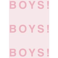 Pink and white book cover with repeated text "BOYS!" in large pink letters on a light pink background.